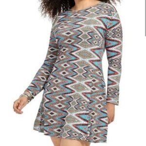 MISA Los Angeles Snakeskin Mosaic Print Swing Dress 1X Long Sleeve Mini Short